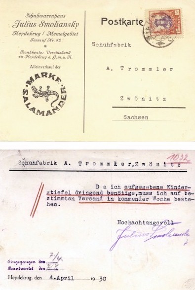 iluts Salamander bat parduotuvs savininko ydo Juliaus Smolianskio firminis atvirlaikis bat fabriko atstovui, sikrusiam Saksonijoje, Zwnitzo mieste, dl vaikik aulini bat atsiuntimo (1930 m.) 